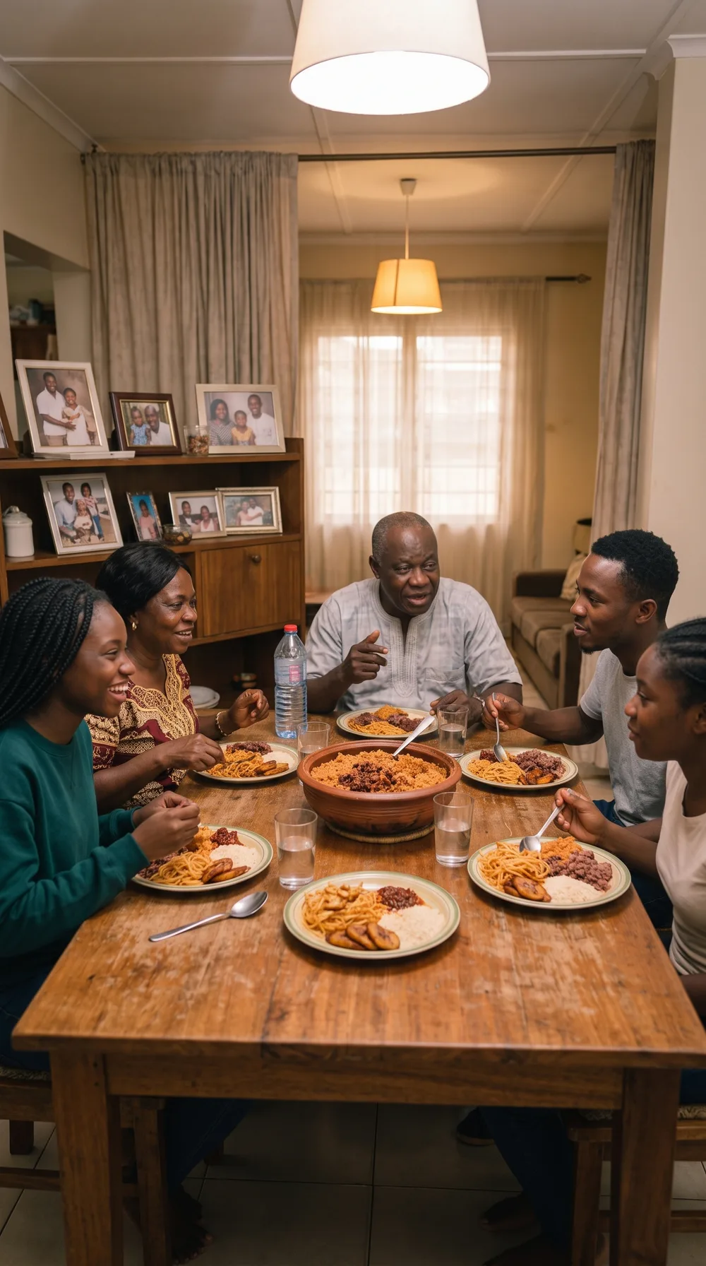 A family gathered around a home dining table, sharing a meal together
