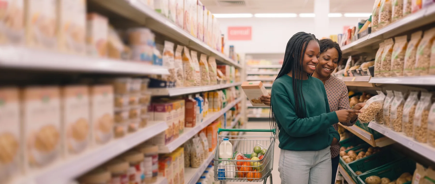 Two people shopping for groceries together, comparing a product label